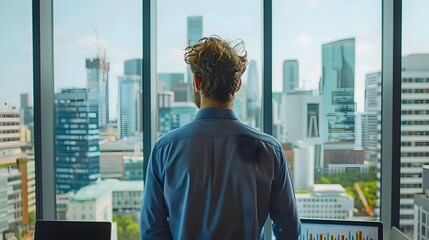 Fototapeta premium Entrepreneur Analyzing Startup Financials with Charts and Modern Office Backdrop Financial Planning Concept