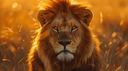 Majestic Lion With Golden Mane Against Vibrant Sunset in Savanna Landscape