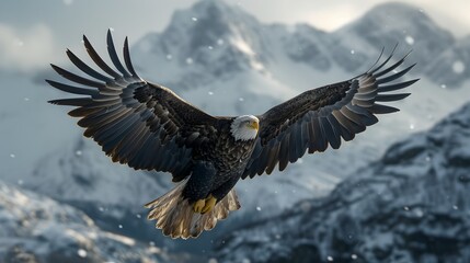 Majestic Bald Eagle Soaring Over Snowy Mountain Landscape