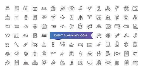 Event planning icon collection. Related to decorations, venue, event planner, registration, entertainment, catering and invitations symbol.