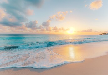 Obraz premium Golden Sunrise Over Gentle Ocean Waves, Peaceful Beach Scene at Early Morning