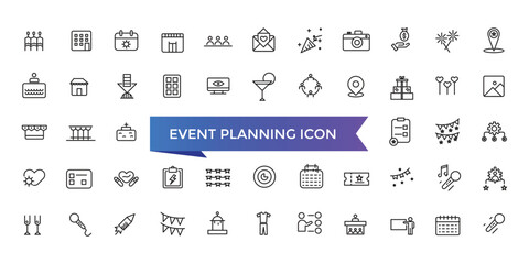 Event planning icon collection. Related to decorations, venue, event planner, registration, entertainment, catering and invitations symbol.