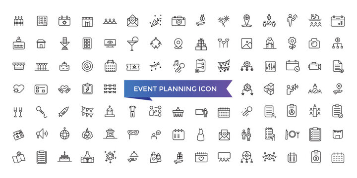 Event planning icon collection. Related to decorations, venue, event planner, registration, entertainment, catering and invitations symbol.