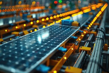 Fototapeta premium Solar panels on an automated production line in a modern factory, highlighting technology and sustainable energy manufacturing.