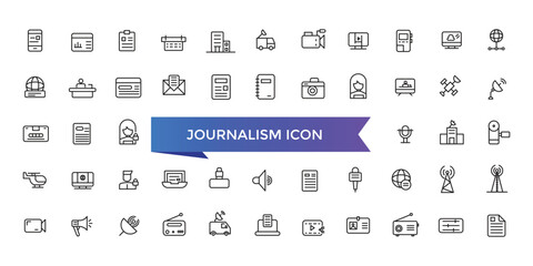 Journalism icon collection. Related to journalist, news, microphone, interview, reporter, podcast, press badge, newspaper and radio. Line icons set.