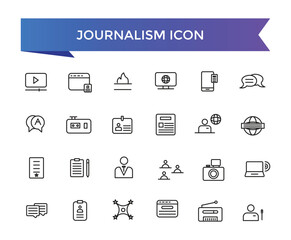 Journalism icon collection. Related to journalist, news, microphone, interview, reporter, podcast, press badge, newspaper and radio. Line icons set.