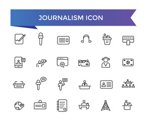 Journalism icon collection. Related to journalist, news, microphone, interview, reporter, podcast, press badge, newspaper and radio. Line icons set.