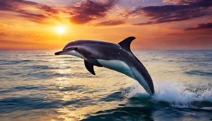 Fototapeta premium dolphin jumping in the sea against a backdrop of a stunning sunset