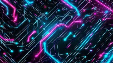 A modern digital data wallpaper background, featuring a seamless pattern of neon lines and circuits in bright hues of cyan and magenta against a deep 