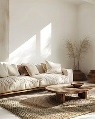 A living room with white walls, beige sofa and wooden coffee table in the style of Japandi