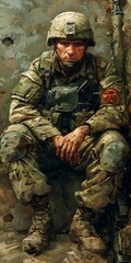 Fototapeta premium A soldier sits on the rubble of a war-torn city.