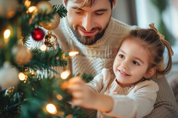 Handsome young father and adorable daughter decorating a Christmas tree with various ornaments together at home on a holiday, bright setting, blurred background