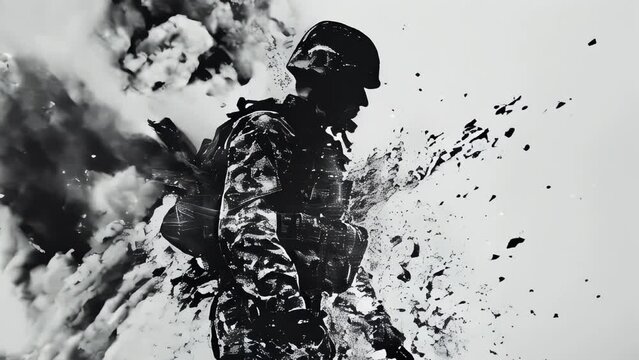 Video of man in a military uniform is standing in a cloud of smoke. Concept of chaos and destruction, with the man's presence in the midst of the smoke and debris