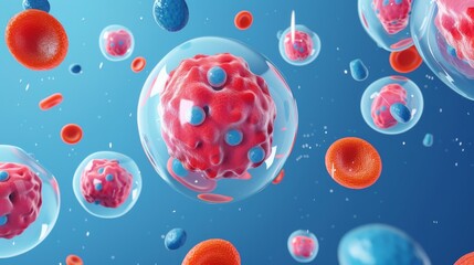 3D rendering of a group of stem cells floating in a blue background.