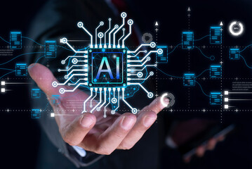 Ai technology, Artificial Intelligence. man using technology smart robot AI. Database and process automation to manage files, knowledge, and documentation in the company.