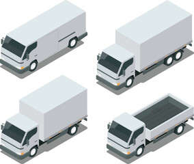 Isometric trucks, van, box truck, pickup truck vector illustration