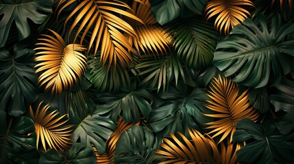 Close-up of various green and golden leaves