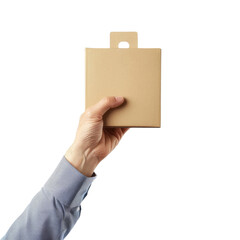 Hand holding a small brown cardboard box with a handle, isolated on white background. Ideal for delivery, packaging, and shipping concepts. transparent background.