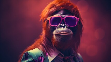 Orangutan with colorful neon retrowave background.