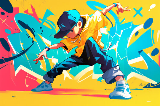 Young boy hip hop dancer performing over graffiti background. vector illustration