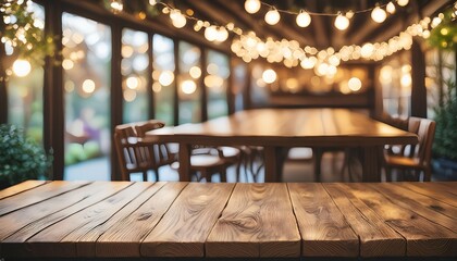 A rustic wooden table in a cozy outdoor dining area, illuminated by warm string lights. The blurred background of chairs and greenery creates an inviting and intimate atmosphere.