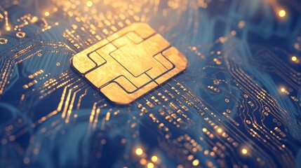 A closeup of the chip on a credit card, highlighting its intricate details and golden glow. The background is blurred to emphasize focusing on capturing a high-quality image of that side of the