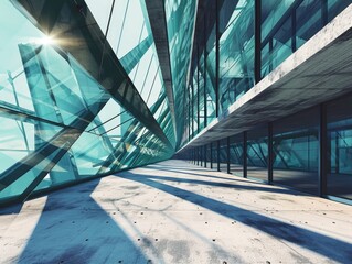 Abstract futuristic glass interior architecture with empty concrete floor.