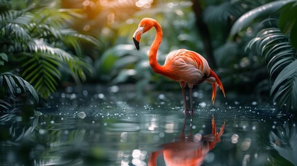 Fototapeta premium Elegant Flamingo Standing on One Leg in a Tranquil Pond with Vibrant Reflections