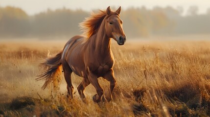 Obraz premium Majestic Stallion Galloping Through Windswept Field with Flowing Mane