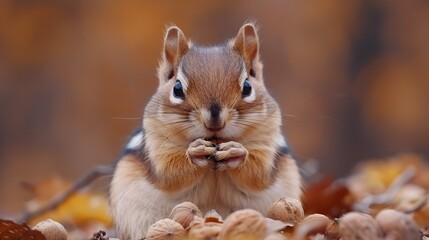 Adorable Chipmunk Stuffing Its Cheeks with Nuts in Playful Wildlife Portrait