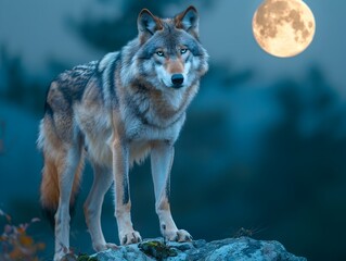 Fototapeta premium Fierce Wolf Stands Vigilant on Rocky Outcrop with Full Moon in Moody Night Landscape