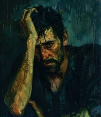 A portrait of a man with a beard and a hand on his head