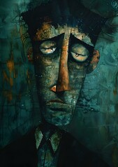 A painting of a man with a long nose and a sad expression on his face
