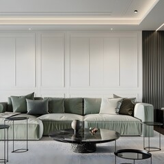 A living room with white walls, a light green sofa and coffee table in a minimalist style, black marble round side tables on the floor