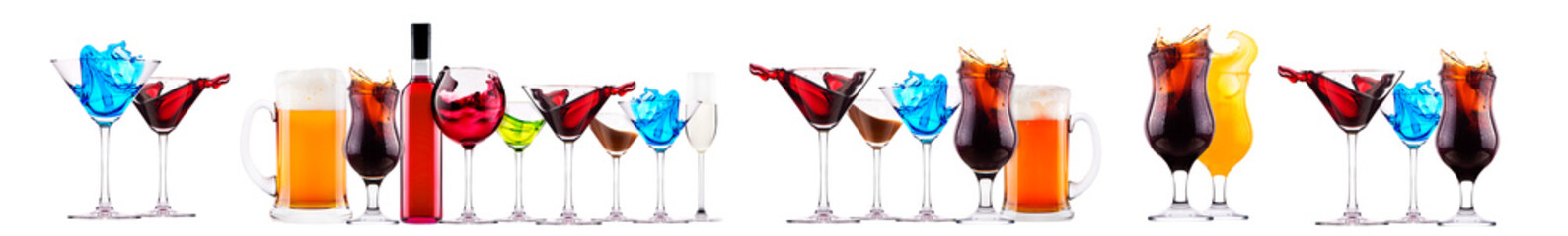 Different alcohol cocktails like beer, martini, soda, champagne, whiskey
