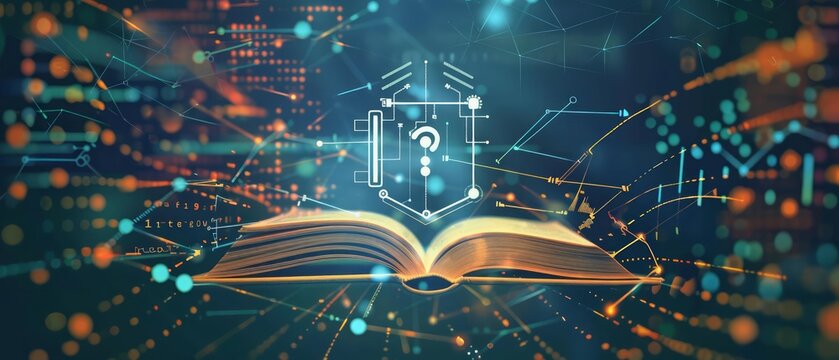 Illustration of an elearning theme with a digital book icon against a backdrop of data and internet technology