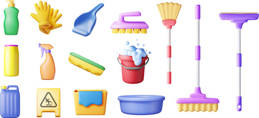 3D set of home cleaning tools