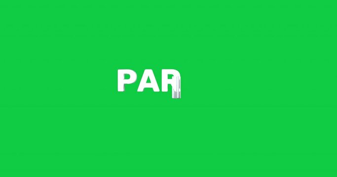 A smooth and high quality, silver 3D text reveal of the capital city "PARIS". The text animates in and out smoothly and is repeated on a green background so it can be used with transparency.