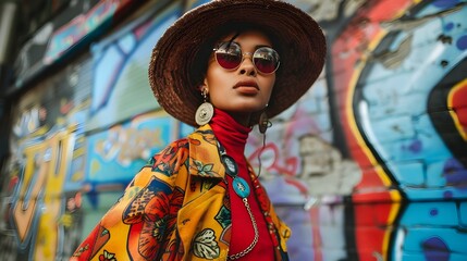 Fashionable Model on Graffiti Filled Street Showcasing Eclectic Streetwear and Accessories
