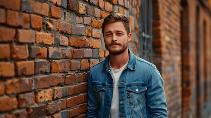 Obraz premium Confident Young Man in Classic Denim with Modern Twist Standing by Brick Wall