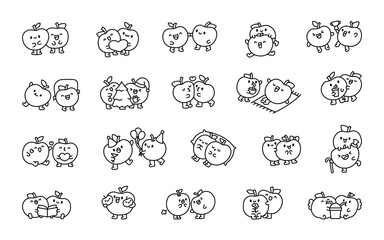 Couple funny apple friends. Coloring Page. Cute cartoon food. Hand drawn style. Vector drawing. Collection of design elements.