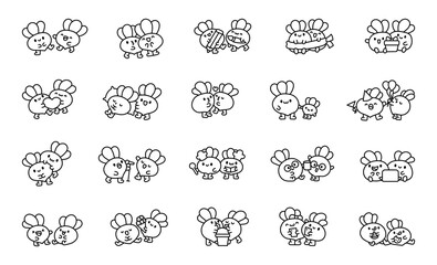 Radish couple cute cartoon characters. Coloring Page. Funny adorable vegetables. Hand drawn style. Vector drawing. Collection of design elements.