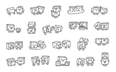 Couple ice cubes funny cartoon characters. Coloring Page. Cute funny friends. Hand drawn style. Vector drawing. Collection of design elements.