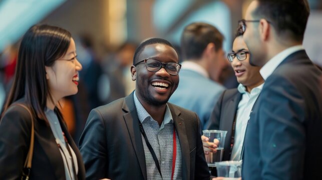 A group of business professionals from different cultural backgrounds networking at a global conference