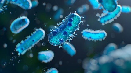 Blue glowing bacteria. Virus under microscope.