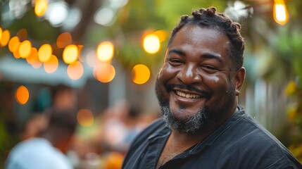 Obraz premium Overweight Man Smiles and Socializes at Backyard Barbecue with Family and Friends