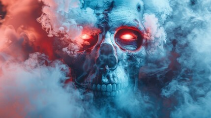  A tight shot of a skull, its red eyes piercing through swirling clouds of smoke The skull's head exudes billowing red smoke, the fiery eyes at its core gle