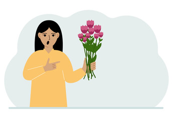 A woman is holding a large bouquet of flowers. The concept of a holiday, congratulations, romance or gift. Vector flat illustration