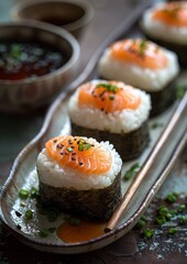 Onigiri - Rice balls wrapped in nori, filled with salmon, pickled plum, or tuna. 