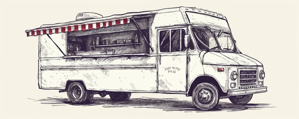 Retro fast food van hand drawn sketch illustration